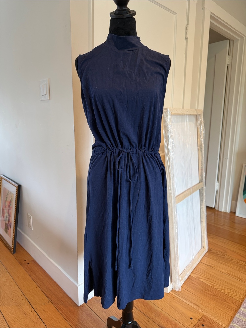 Eileen Fisher Navy Sleeveless mock neck Drawstring Midi Dress